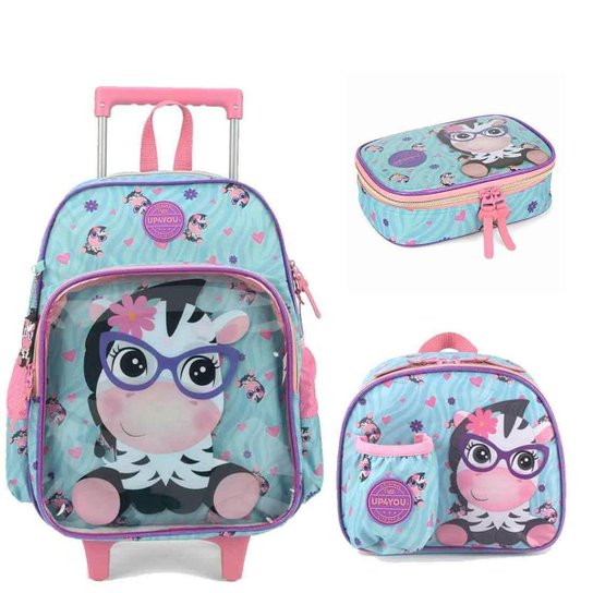Mochila Infantil Rodinhas Up4you Petit Zebra com Lancheira e Estojo 100 Pens - Azul Claro Menor preço em Mochila Infantil Rodinhas Up4you Petit Zebra com Lancheira e Estojo 100 Pens - Azul Claro