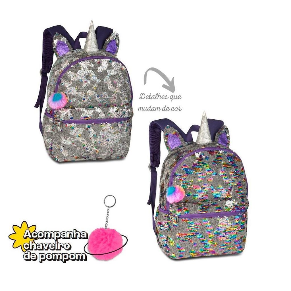 MOCHILA INFANTIL UNICÓRNIO PAETES MUDA DE COR COM POMPOM