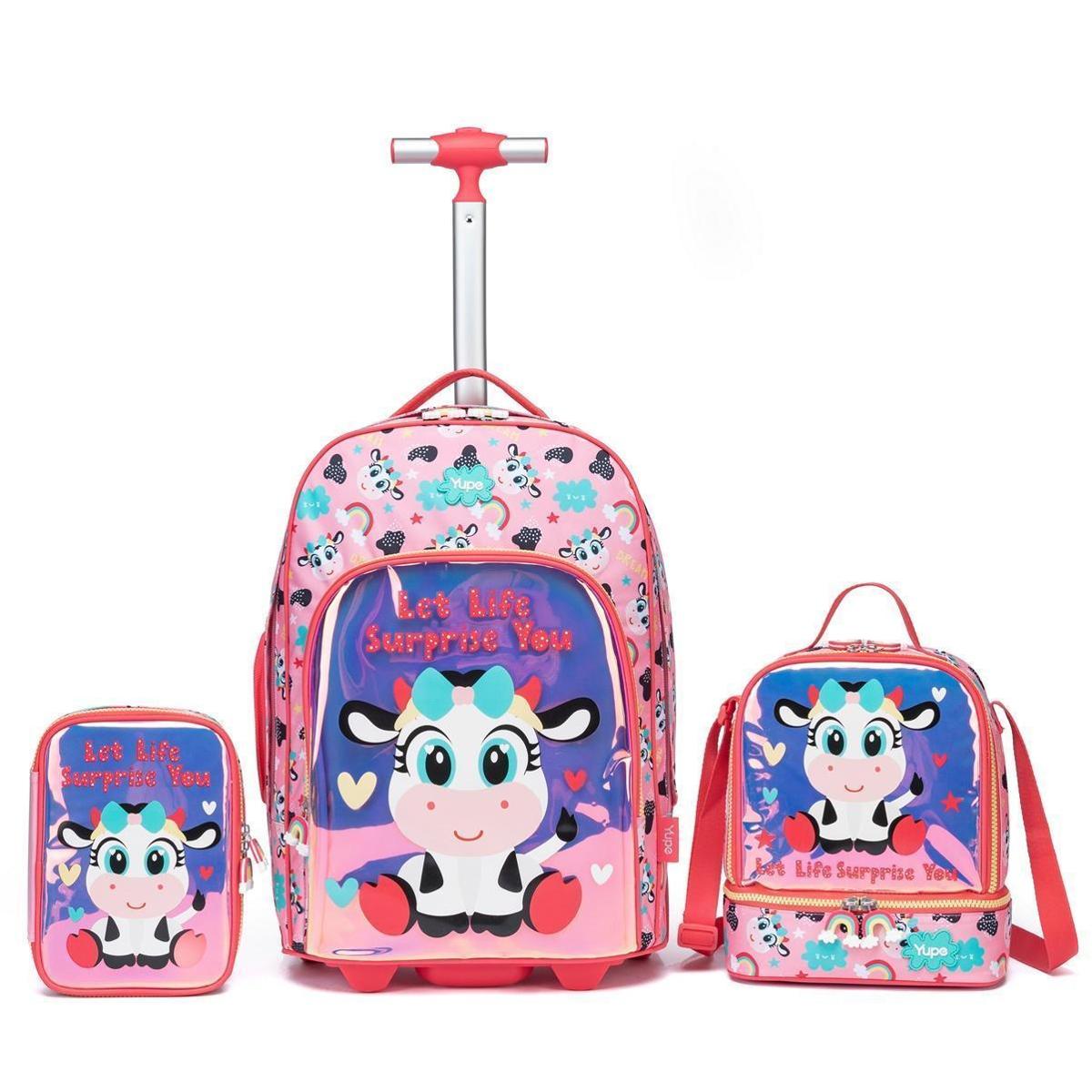 Mochila Infantil Vaquinha Estojo Reforçado Lancheira Termica Grande 30 Litros