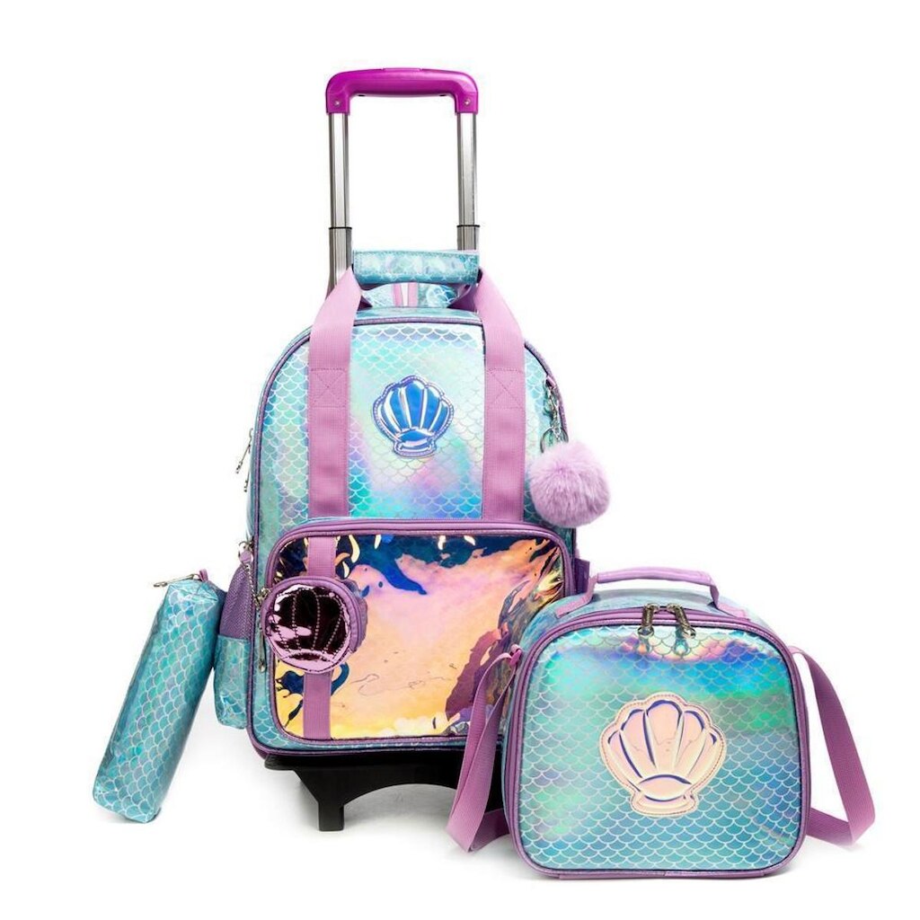 Mochila Menina de Rodinha Kit Estojo e Lancheira termica