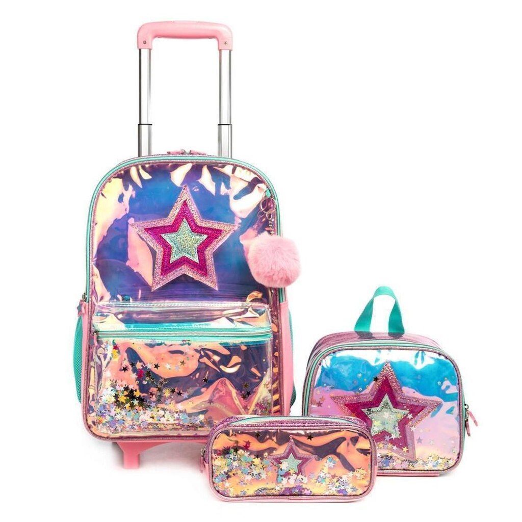 Mochila Menina de Rodinha Kit Estojo e Lancheira termica