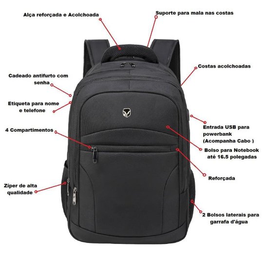 Mochila Notebook 16.5 Polegadas Resistente Água C/Cadeado