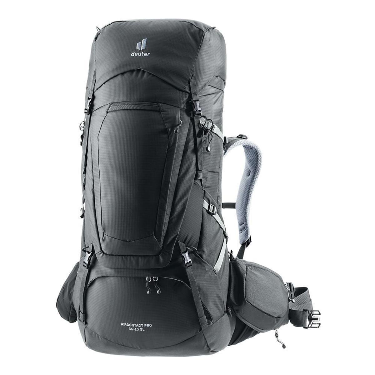 Mochila para Trekking 65+10L Aircontact Pro Deuter com Capa de Chuva, Bolsos Expansíveis e