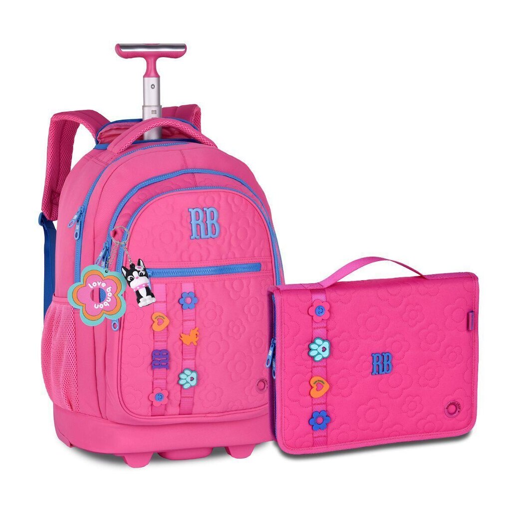 Mochila Rodinhas com Estojo Fichário Kit Escolar Feminino