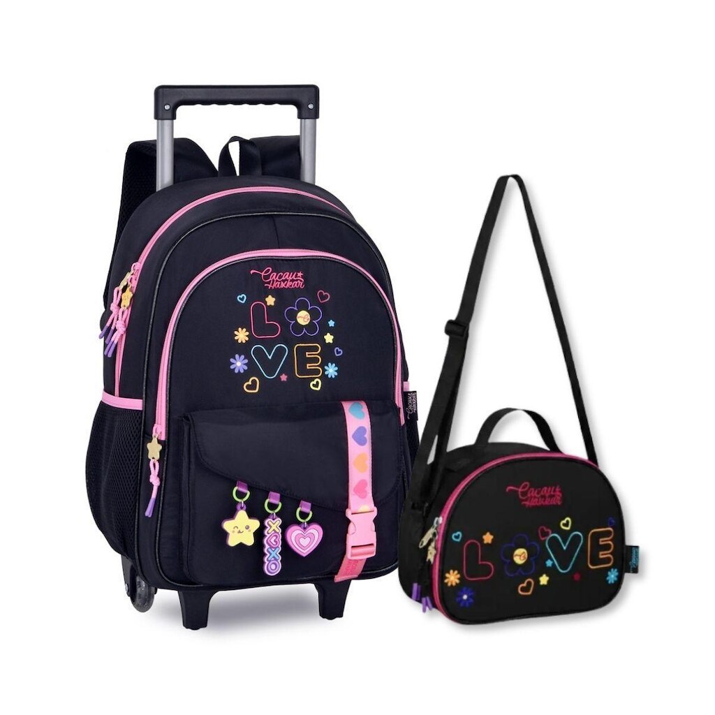 Mochila Rodinhas com Lancheira Cacau Haxkar Kit Escolar Infantil Feminino