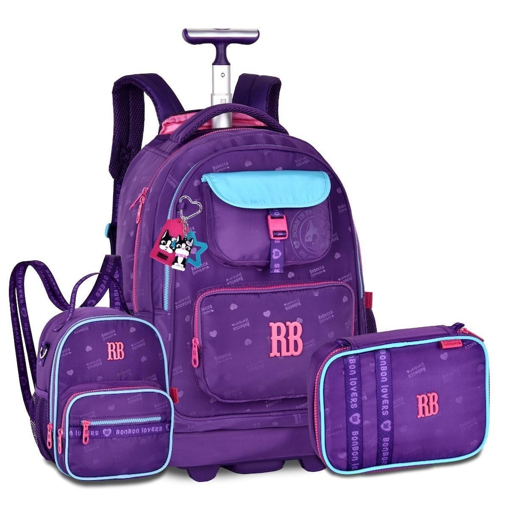 Mochila Rodinhas Feminina com Lancheira e Estojo Kit Escolar