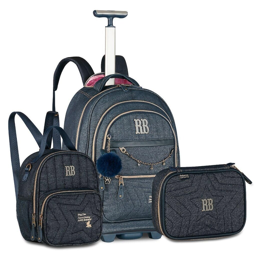 Mochila Rodinhas Rebecca Bonbon Jeans com Lancheira e Estojo