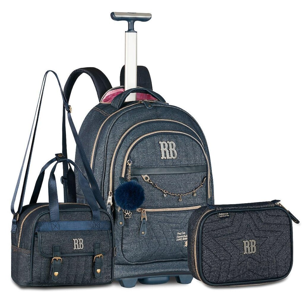 Mochila Rodinhas Rebecca Bonbon Jeans com Lancheira e Estojo