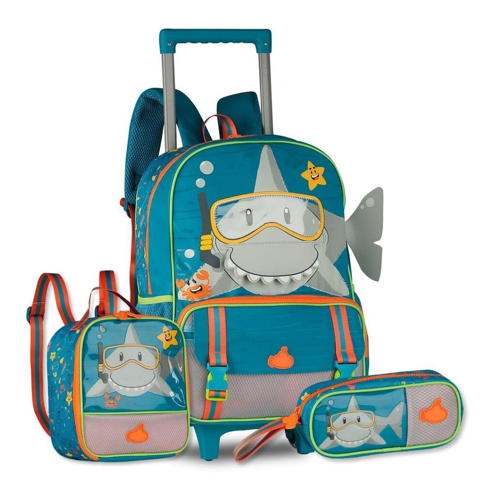 Mochila Rodinhas Tubarão com Lancheira e Estojo Kit Escolar
