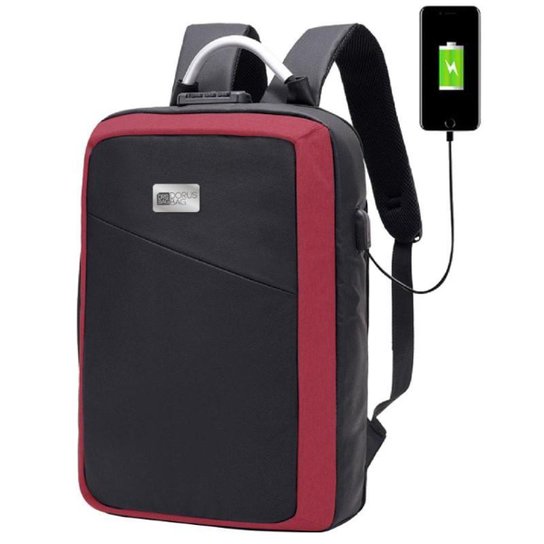 Mochila/Maleta Antifurto Social Notebook 16" USB Vermelha - Vermelho+Preto Menor preço em Mochila/Maleta Antifurto Social Notebook 16" USB Vermelha - Vermelho+Preto