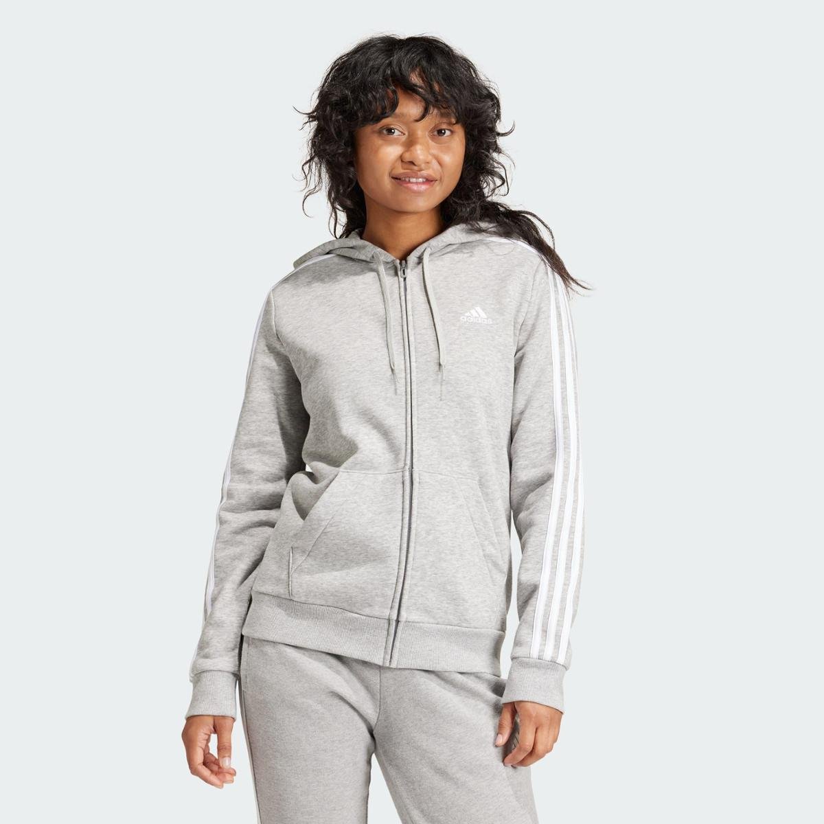 Moletom Adidas Capuz Zíper Três Listras Fleece Essentials Feminino