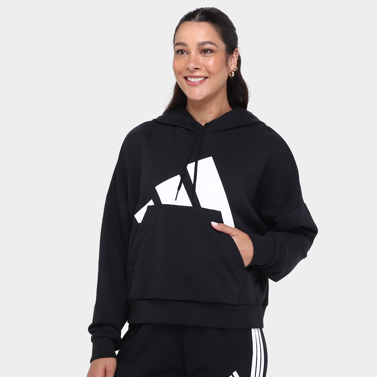 Moletom Adidas Com Capuz Feminino Preto Branco