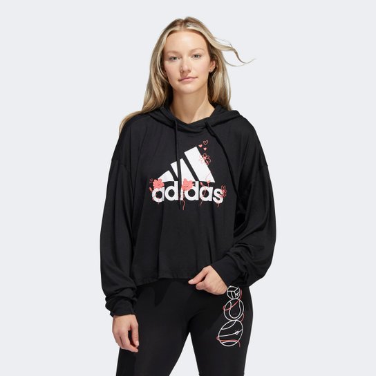 Moletom Adidas Cropped Fun Sport C/ Capuz Feminino - Preto Menor preço em Moletom Adidas Cropped Fun Sport C/ Capuz Feminino - Preto
