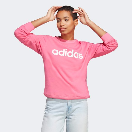 Moletom Adidas Logo Linear Feminino - Rosa+Branco Menor preço em Moletom Adidas Logo Linear Feminino - Rosa+Branco