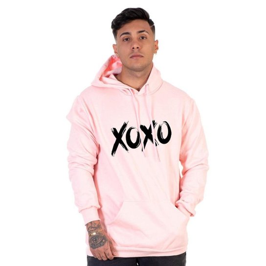 Moletom Algodão Masculino Estampa Bolso Canguru Capuz Casual - Rosa