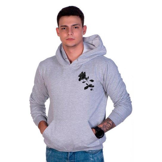 Moletom Algodão Masculino Rosa Bolso Canguru Capuz Casual - Cinza
