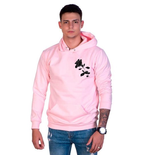 Moletom Algodão Masculino Rosa Bolso Canguru Capuz Casual - Rosa