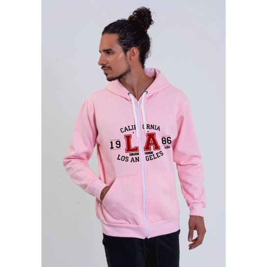 Moletom Canguru Aberto Cinza Estampado Califórnia - Rosa Menor preço em Moletom Canguru Aberto Cinza Estampado Califórnia - Rosa