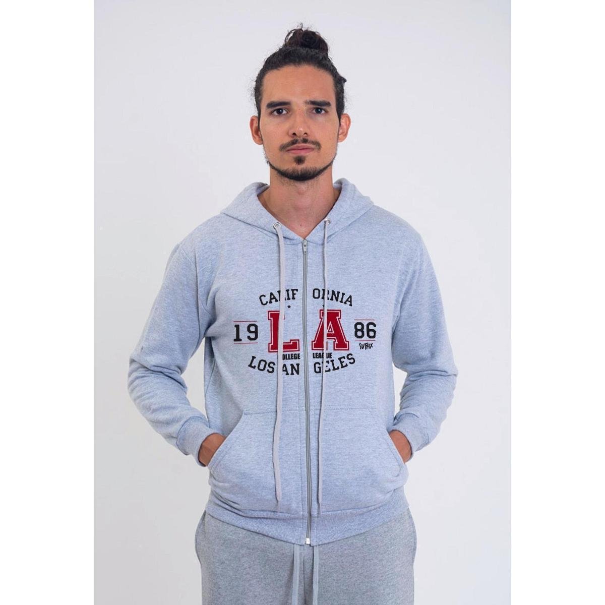 Moletom Canguru Aberto Cinza Estampado Califórnia