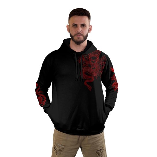 Moletom Canguru Blusa de Frio Masculina Estampa Dragão Confira - Vermelho Menor preço em Moletom Canguru Blusa de Frio Masculina Estampa Dragão Confira - Vermelho
