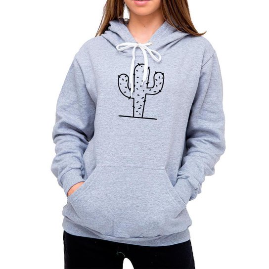 Moletom Canguru Feminino Capuz Estampado Cactos Moderno Cinza
