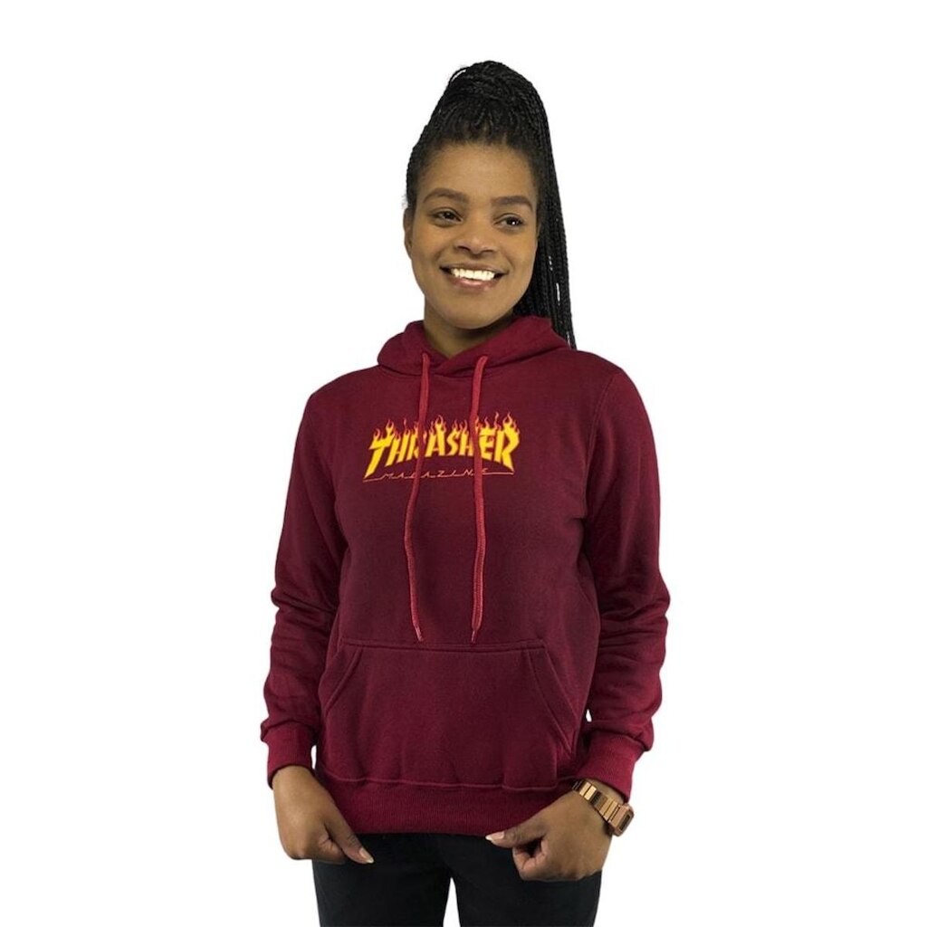 Moletom Canguru Feminino Thrasher Flame Logo Verm
