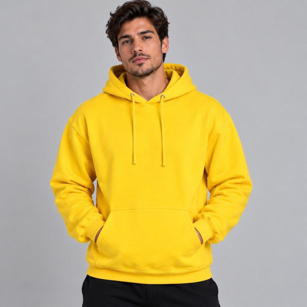 Moletom Canguru Masculino Amarelo sem Estampa Moderno Capuz e Bolso