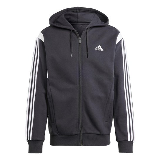 Moletom Capuz Zíper Colorblock Adidas - Preto Menor preço em Moletom Capuz Zíper Colorblock Adidas - Preto