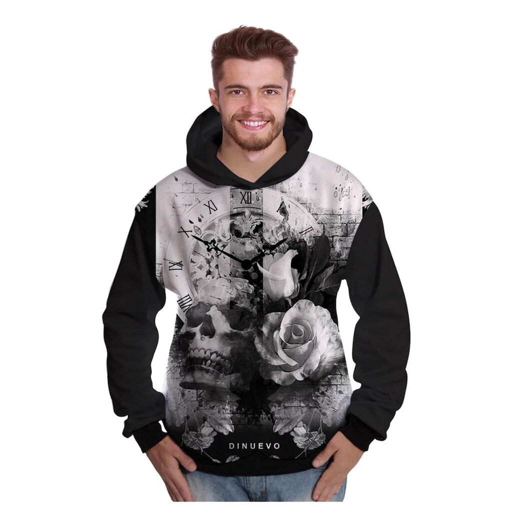 Moletom Caveira Com Flor Relógio Retrô Swag e Rap
