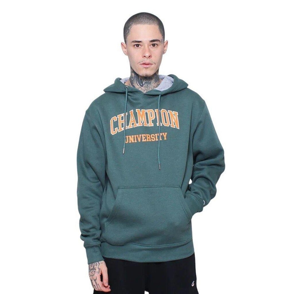 Moletom Champion Canguru College Tecido Grosso - verde e laranja