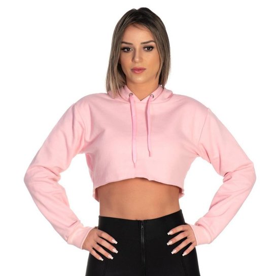Moletom Cropped Lucas Lunny Feminino Liso Capuz Casual - Preto