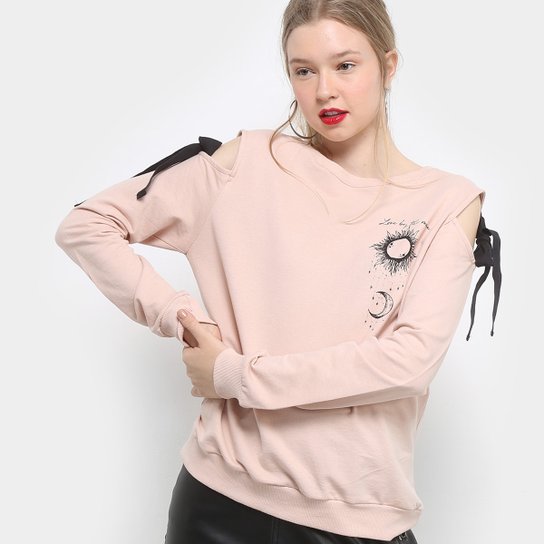 Moletom Drezzup Open Shoulder Estampado Feminino - Rosa Claro