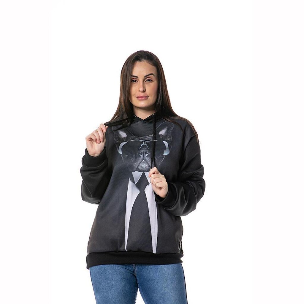 Moletom Estampado Black Dog Parcial Feminino Canguru Capuz