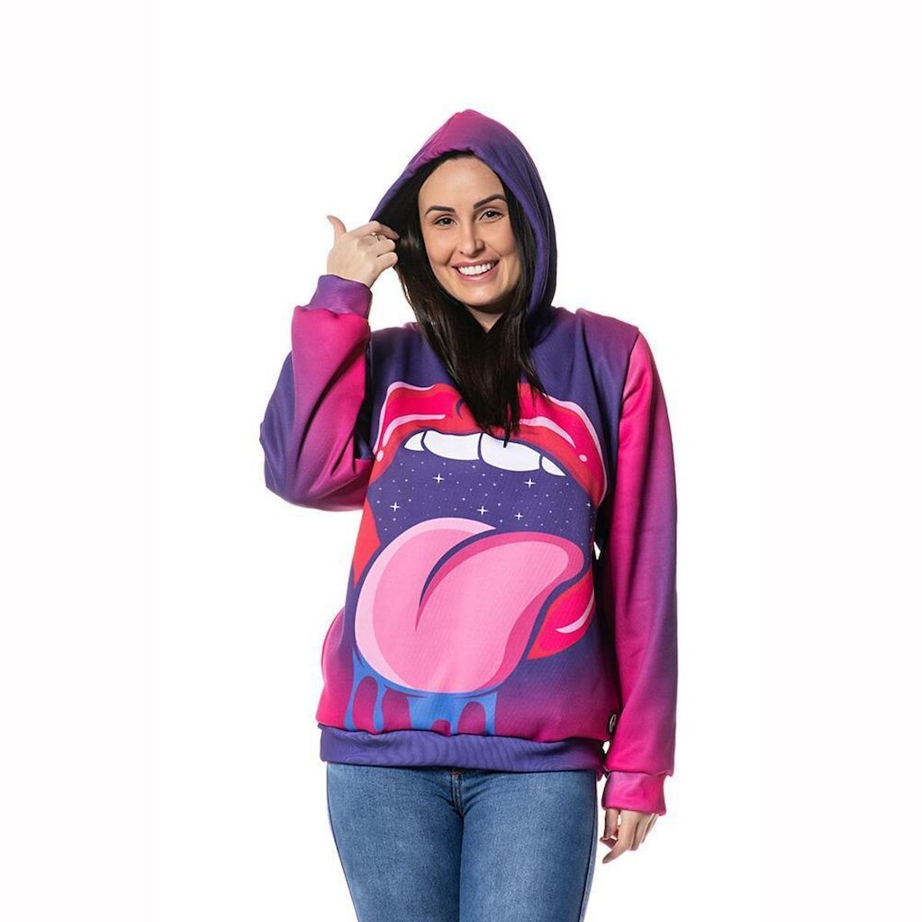 Moletom Estampado Boca Feminino Bolso Canguru Capuz