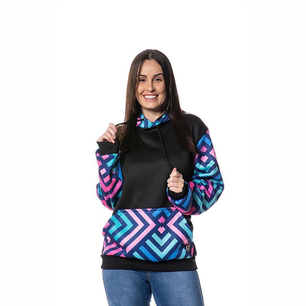 Moletom Estampado Geometric Parcial Canguru Feminino Blusa