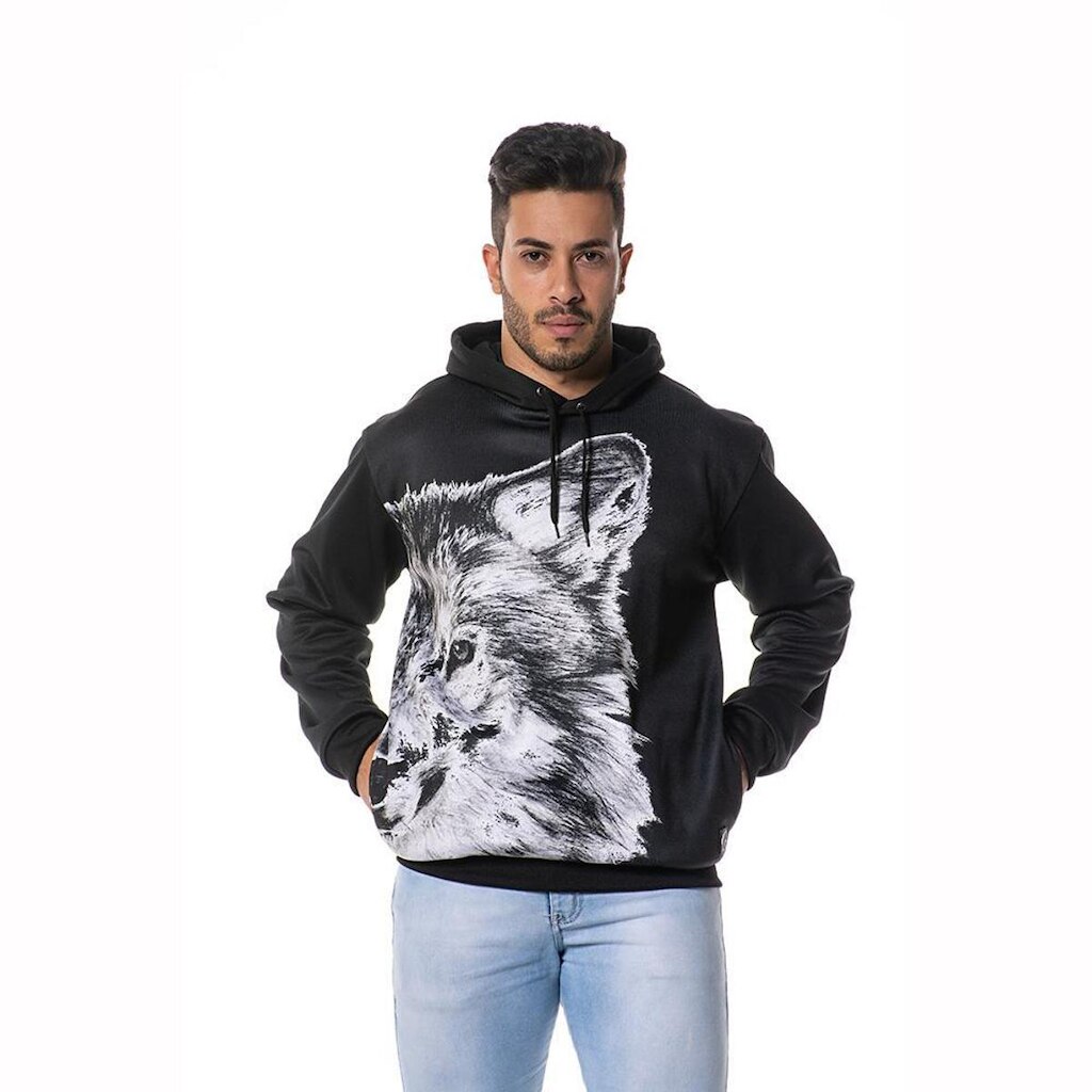 Moletom Estampado Lobo Branco Parcial Masculino Capuz Bolso