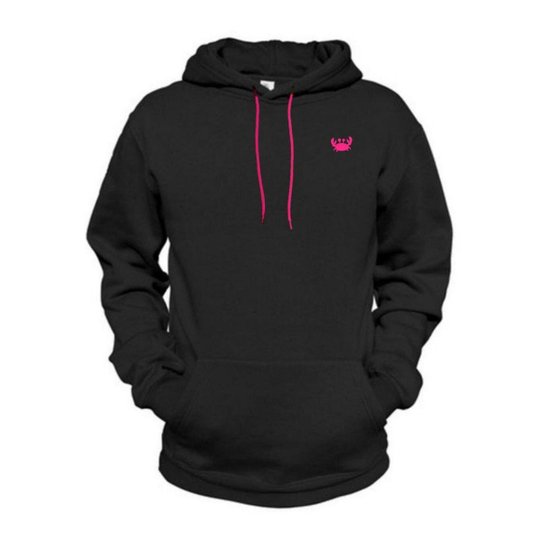 Moletom Estampado Mini Siri Neon Relaxado Com Capuz Bolso Canguru - Preto+Rosa