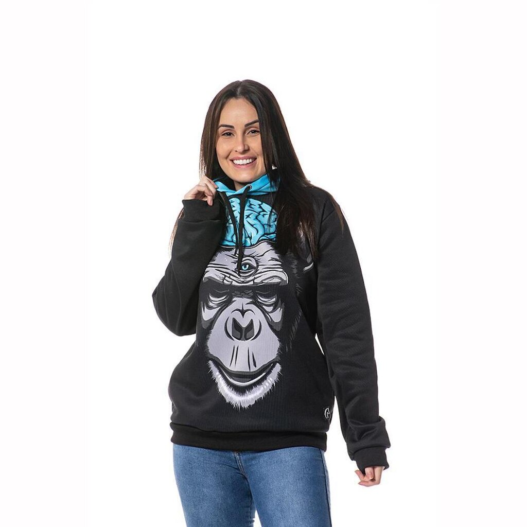 Moletom Estampado Monkey Brain Parcial Feminino Capuz Bolso
