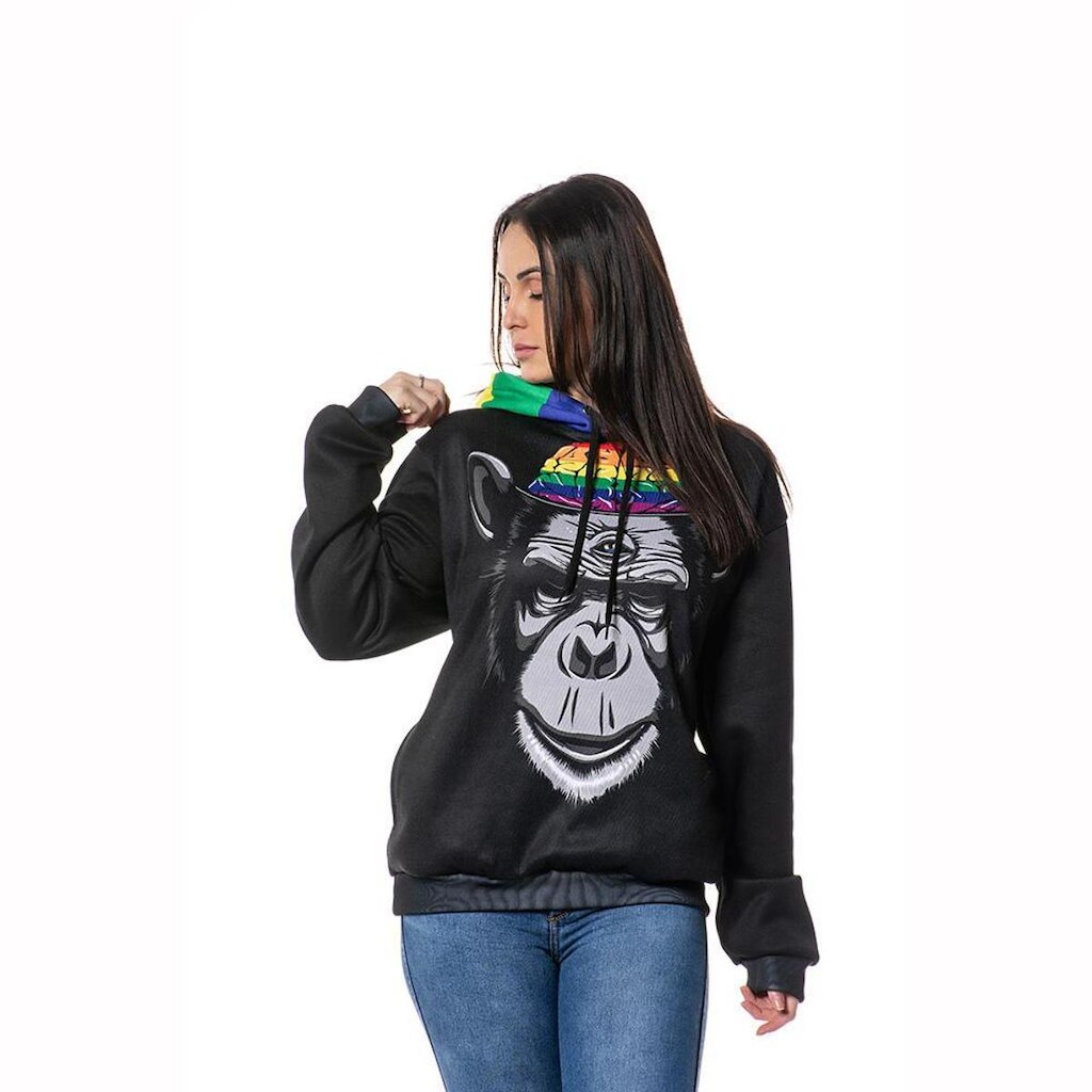 Moletom Estampado Monkey Rainbow Parcial Feminino Canguru