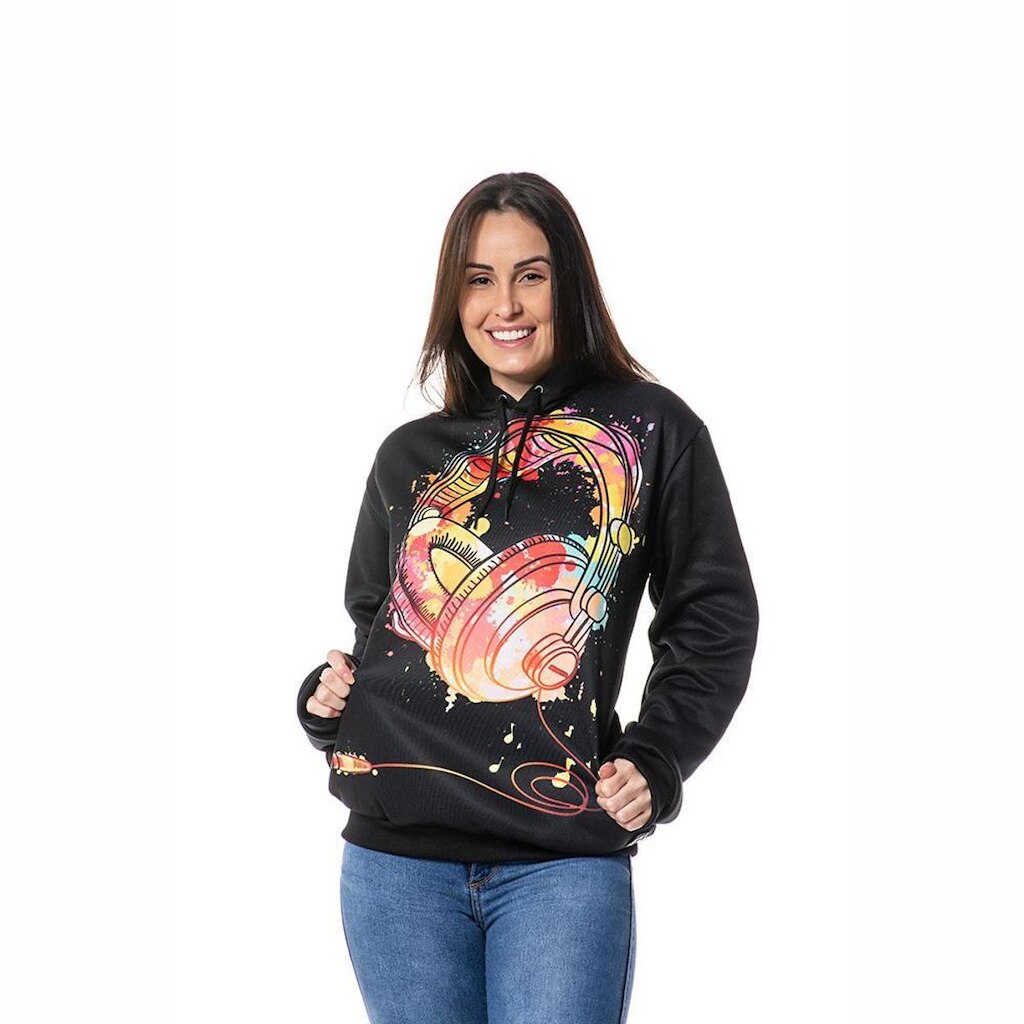 Moletom Estampado Phone Parcial Feminino Capuz Canguru