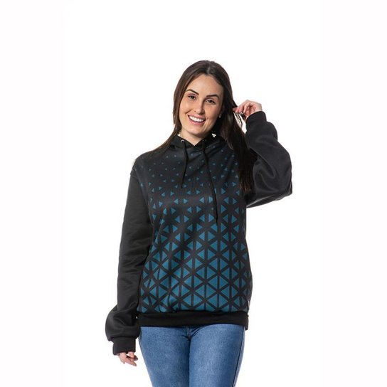 Moletom Estampado Triangulo Azul Parcial Feminino Bolsos Preto