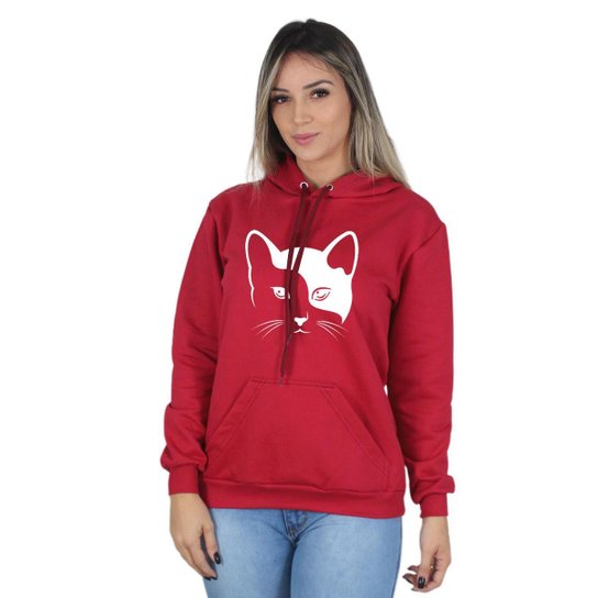 Moletom Feminino Flanelado Blusa de Frio Canguru Gatinho Cat - Bordô Menor preço em Moletom Feminino Flanelado Blusa de Frio Canguru Gatinho Cat - Bordô