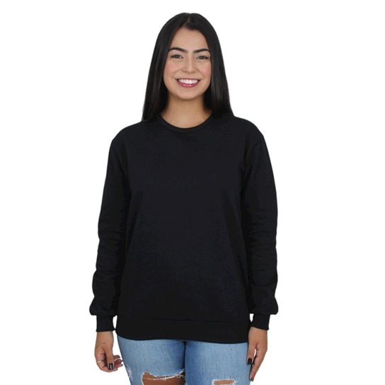 Moletom Gola Redonda Liso Feminino Blusa de Frio sem Capuz Preto