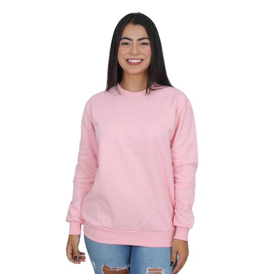 Moletom Gola Redonda Liso Feminino Blusa de Frio sem Capuz
