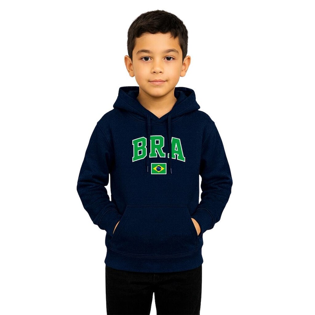 Moletom Infantil com Capuz Brasil Canguru Blusa de Frio Casaco Algodão