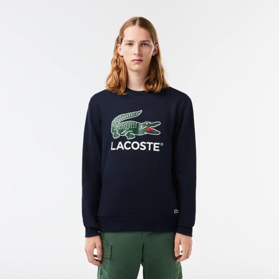 Moletom Lacoste Classic Fit em fleece de algodão Masculino - Azul Navy Menor preço em Moletom Lacoste Classic Fit em fleece de algodão Masculino - Azul Navy