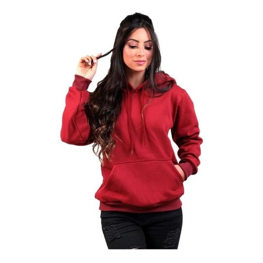 Moletom Liso Blusa De Frio Com Capuz Feminino Em Algodão - Vermelho Menor preço em Moletom Liso Blusa De Frio Com Capuz Feminino Em Algodão - Vermelho