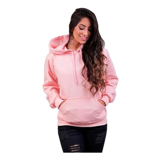 Moletom Liso Blusa De Frio Com Capuz Feminino Em Algodão - Rosa Menor preço em Moletom Liso Blusa De Frio Com Capuz Feminino Em Algodão - Rosa