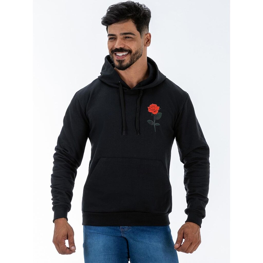 Moletom Masculino Algodão Flanelado Com Capuz Canguru Flor