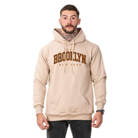 Moletom Masculino Blusa de Frio Canguru Brooklyn New York - Bege Menor preço em Moletom Masculino Blusa de Frio Canguru Brooklyn New York - Bege